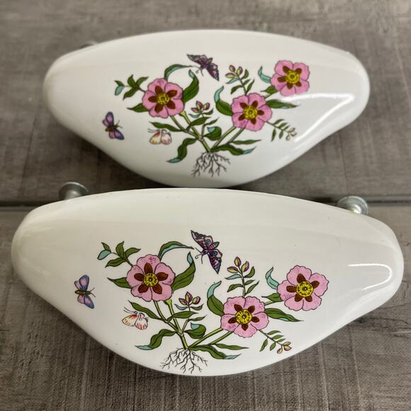 Vtg White Porcelain Floral Drawer Pull Handle 3” Rosa Canina English JAPAN - Picture 7 of 7